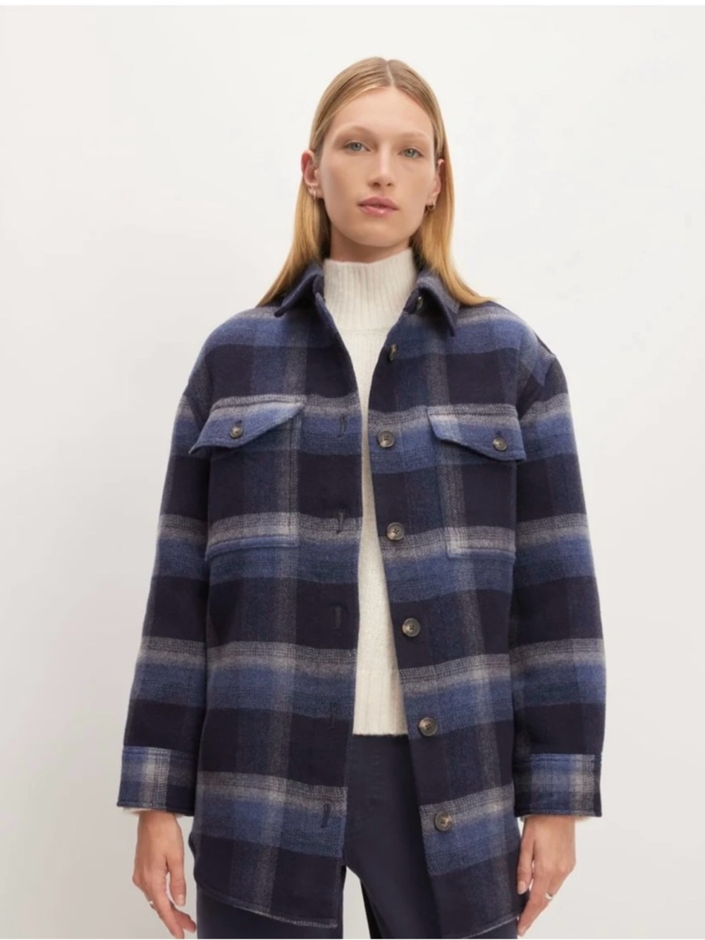 Everlane Oversized Plaid Shirt Jacket - Navy Blue